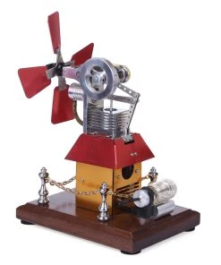 Stirling Engine Model Butane Powered With Windmill Cabin Shape