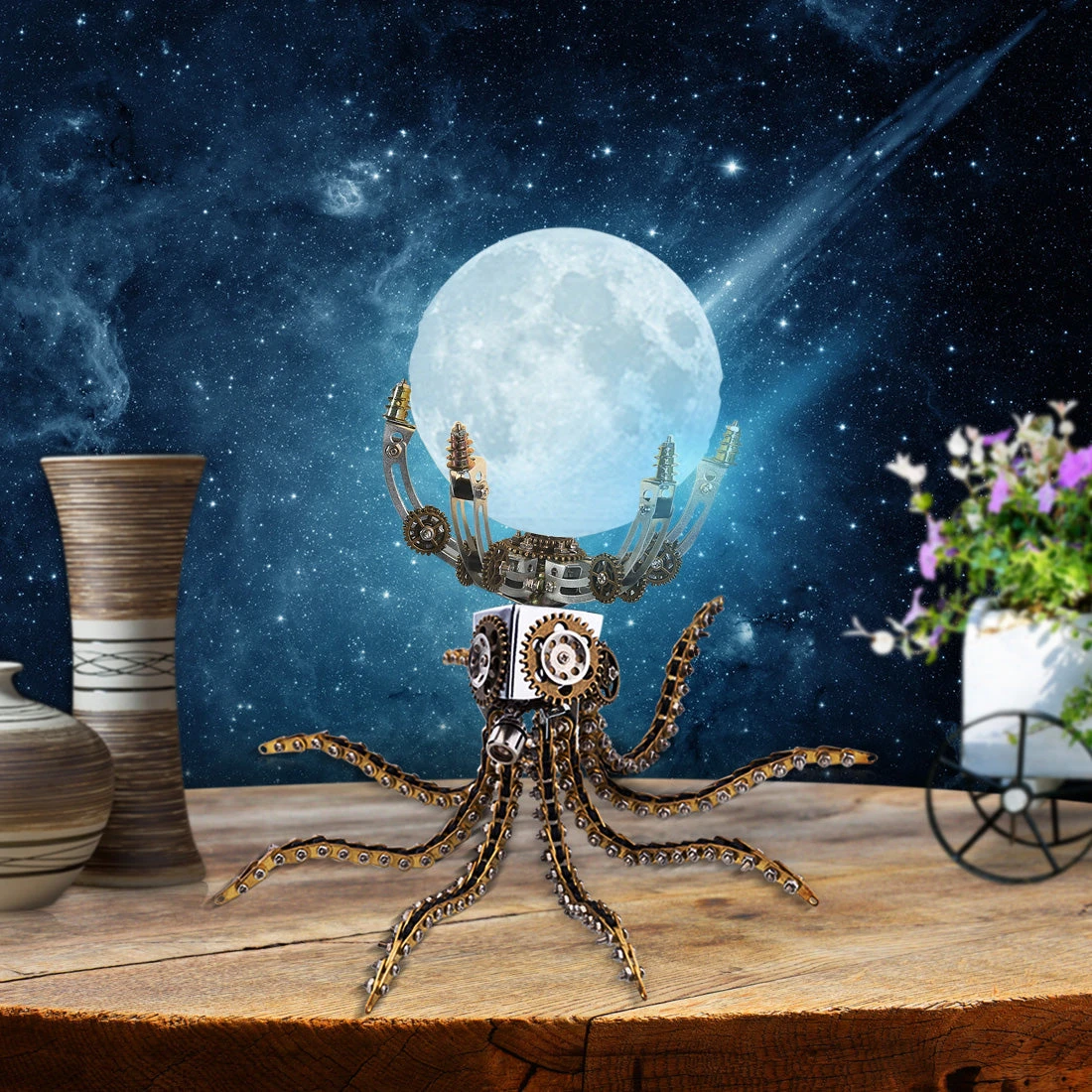 3D Metal Steampunk Galaxy Craft Puzzle Mechanical Octopus With 16 Colors Tap And Remote Control Lamp Model DIY Assembly For Home Decor Creative Gift-1060PCS - Image 5