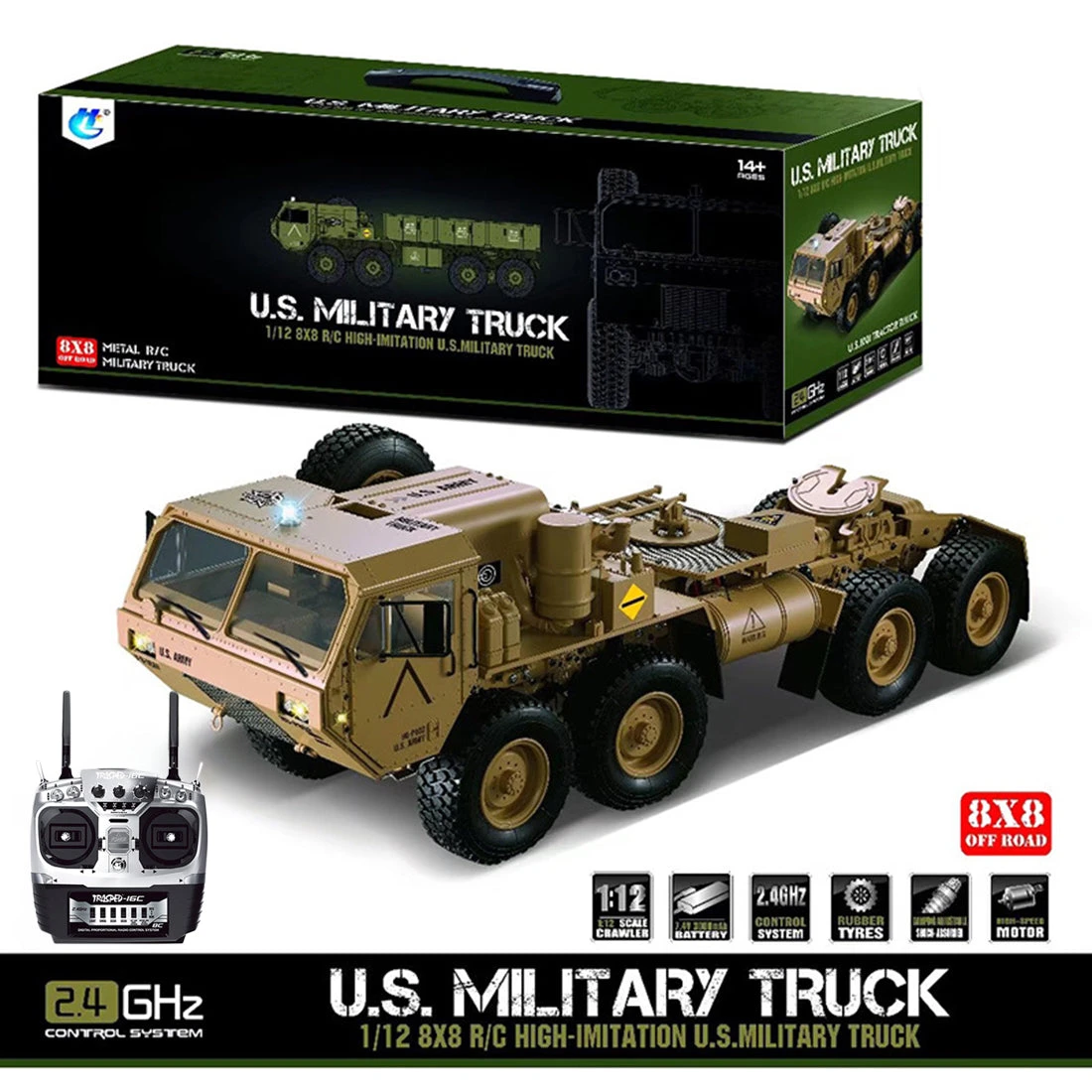 HG P802 1:12 2.4G RC Militray Truck 8x8 Remote Control Truck Model Heavy-duty Wheeled All Terrin Truck Kit - Sound And Light Version