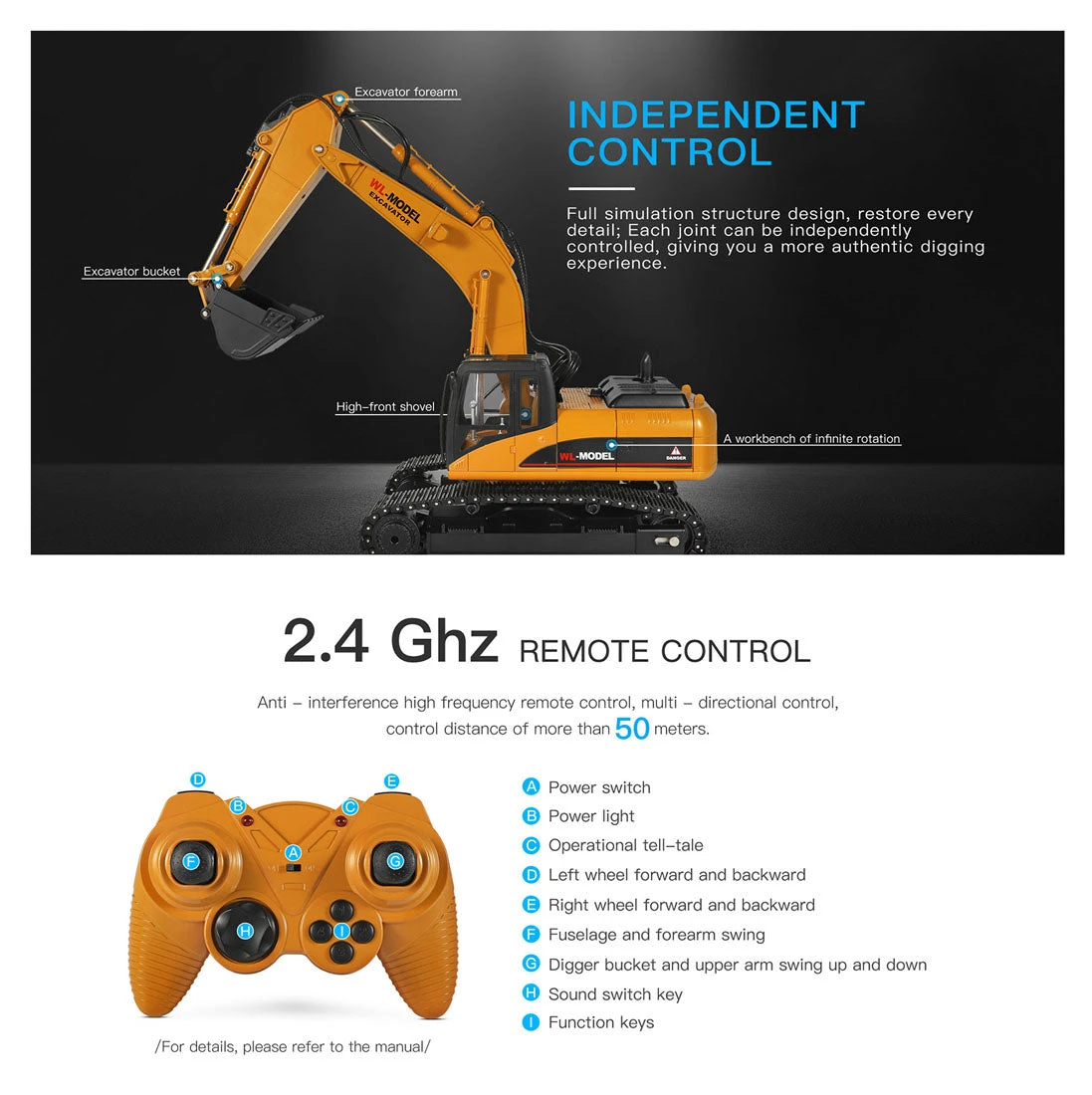 Wltoys 16800 1/16 RC Excavator Remote Control Engineering Vehicle With Lighting Sound - Image 4