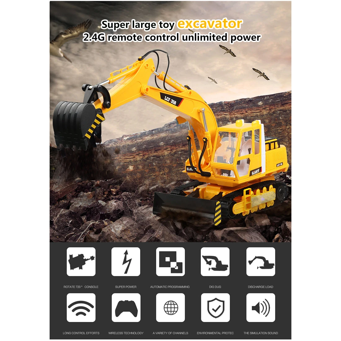 LCF 1:16 2.4GHz 16CH RC Excavator Multifunctional Excavator Grab RC Construction Vehicle Model With Smoke Effect Unique Toys Gift For Kids, Teens And Adults - Image 3