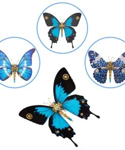 3D Metal Butterfly Model Kit, 3 In 1 Steampunk Butterfly (200PCS+/Blue) - Morpho Helena, Papilio Ulysses & Dichorragia Nesimachus