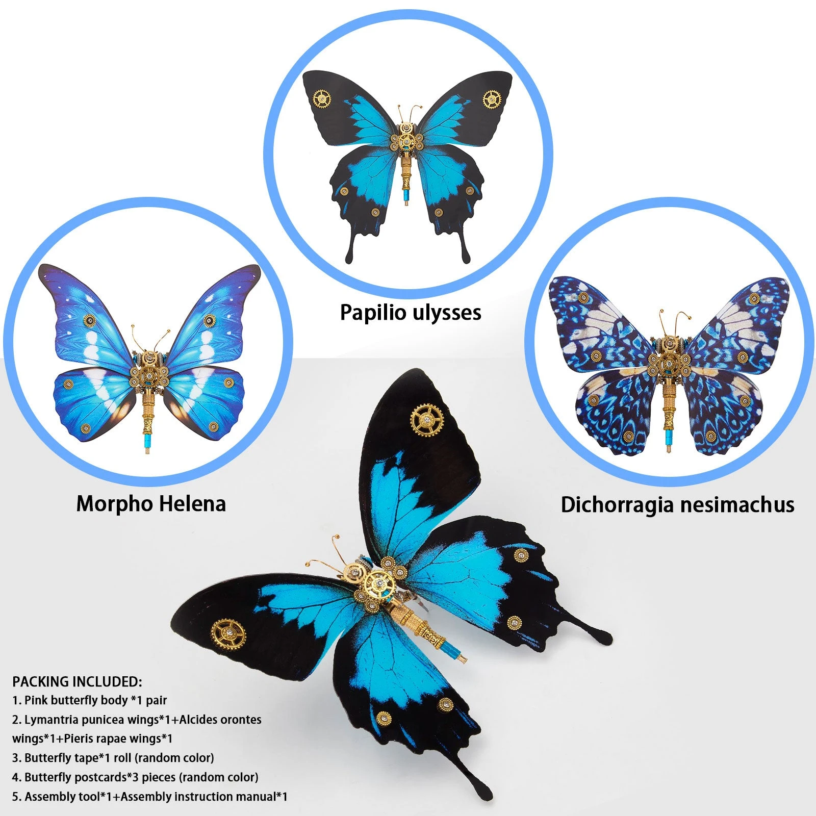3D Metal Butterfly Model Kit, 3 In 1 Steampunk Butterfly (200PCS+/Blue) - Morpho Helena, Papilio Ulysses & Dichorragia Nesimachus - Image 9