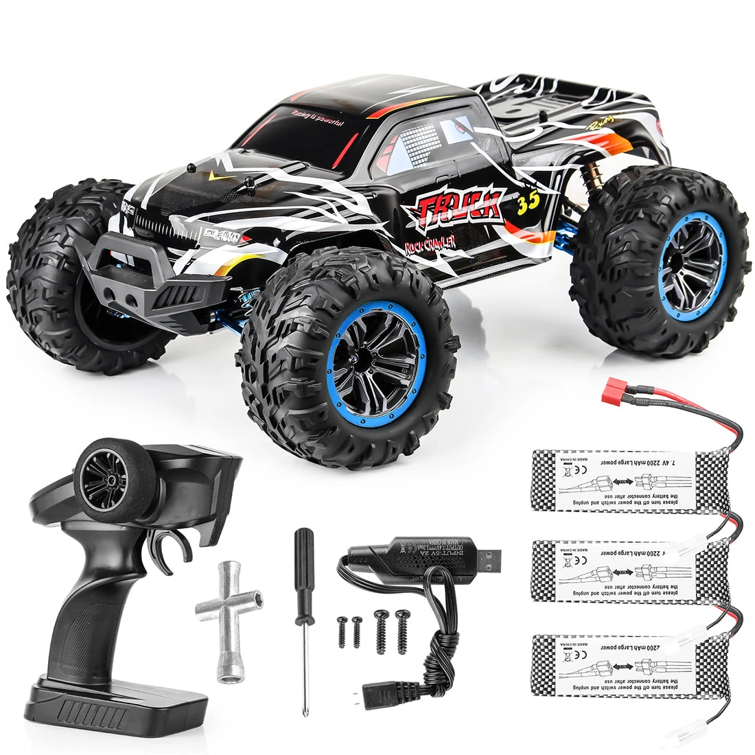 F19A 1/10 4WD 2.4G Metal Brushless High-speed Off-road Vehicle All-terrain Electric Climbing RC Car Monster Truck Model Toy With 3 Batteries - Black