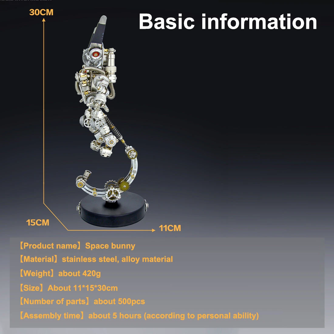 3D DIY Assembly Metal Mechanical Aerospace Rabbit With Lights & Stand Model Sci-fi Punk Toy Set -500CS - Image 7